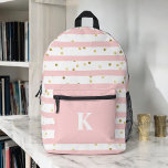 Sac À Dos Imprimé Petites filles roses et pointes avec Monogramme<br><div class="desc">Un motif amusant pour les filles avec des rayures horizontales roses et blanches avec des points dorés éparpillés autour font de ce choix mignon dans des sacs à dos. Un modèle texte sur la poche zippée du design peut être personnalisé avec votre original ou texte monogramme souhaité. Élégant et girly,...</div>