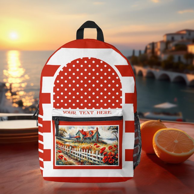 Sac À Dos Imprimé Photo artistique rétro rouge blanc rayé (Red and white backpack featuring a retro striped design with polka dots and your photo)