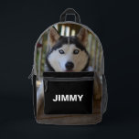 Sac À Dos Imprimé Photo minimaliste moderne Black Dog<br><div class="desc">Procurez-vous ce sac à dos photo pour chien personnalisé et moderne pour vous-même ou pour offrir un chien propriétaire. Ce design est minimaliste, dans les tons noir blanc et gris avec modèle photo. Ce produit peut être facilement édité avec votre photo personnelle et texte/nom. Si vous avez besoin d'aide pour...</div>