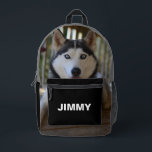 Sac À Dos Imprimé Photo minimaliste moderne Black Dog<br><div class="desc">Procurez-vous ce sac à dos photo pour chien personnalisé et moderne pour vous-même ou pour offrir un chien propriétaire. Ce design est minimaliste, dans les tons noir blanc et gris avec modèle photo. Ce produit peut être facilement édité avec votre photo personnelle et texte/nom. Si vous avez besoin d'aide pour...</div>