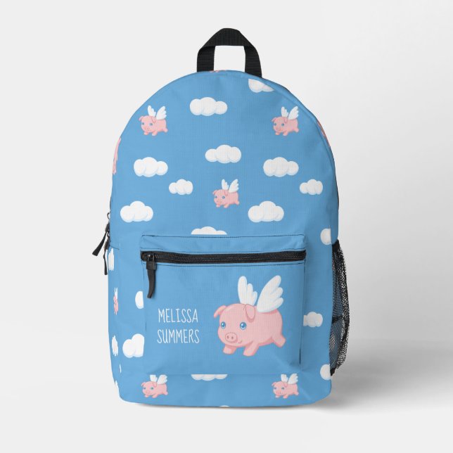 Sac À Dos Imprimé Pig volant sur le nom personnalisé bleu (Recto)