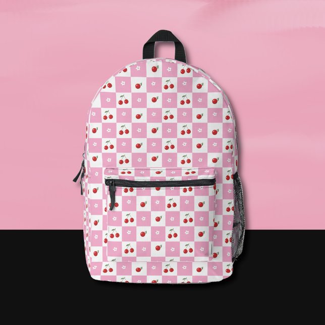 Sac À Dos Imprimé Pink and White Gingham Pattern Cherry Backpack (Whimsical pink and white Gingham pattern backpack with a cherry theme . )