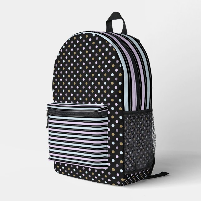 SAC À DOS IMPRIMÉ PINK BLUE GRAS NOIR STRIPES & POIS (Coin arrière droit)