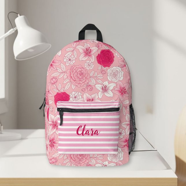 Sac À Dos Imprimé Pink Floral Backpack Personalized with Name - Girl (Créateur téléchargé)