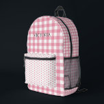 Sac À Dos Imprimé Pink White Gingham Polkadot Personalized<br><div class="desc">Sweet pink and white gingham plaid pattern with pink and white polkadot accent pattern on front.  Add your name to personalize.</div>