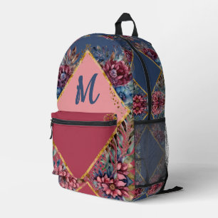 Sac À Dos Imprimé Pivoine Élégante Bourgogne & Floral Navy Argyle Or