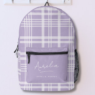 Sac À Dos Imprimé Plaid Personnalisé Moderne Lavande Violet Nom