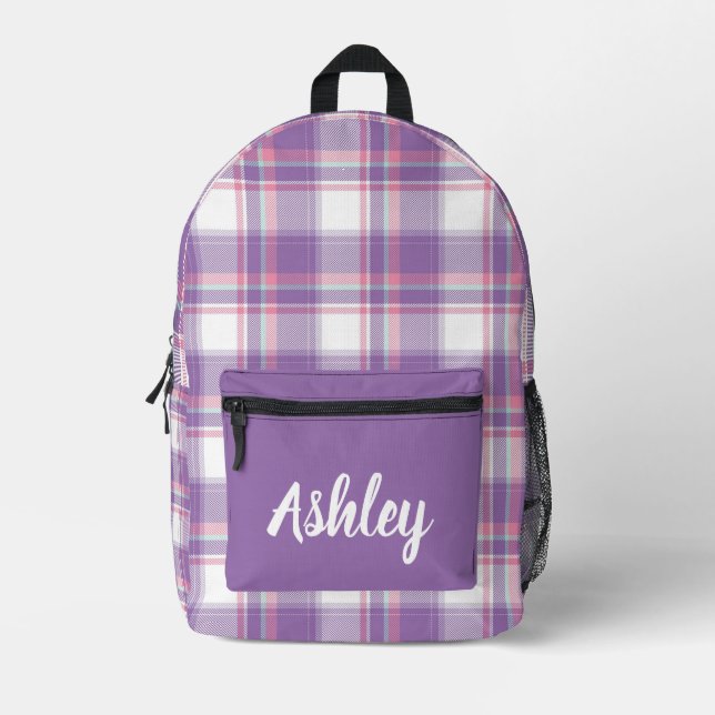 Sac À Dos Imprimé Plaid personnalisé violet et blanc (Recto)