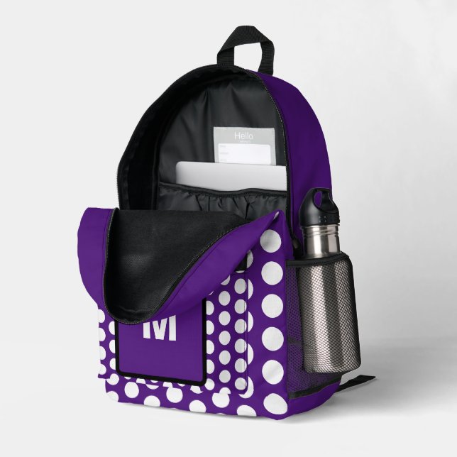Sac À Dos Imprimé Pois blancs violets monogrammes (Coin arrière droit (ouvert))