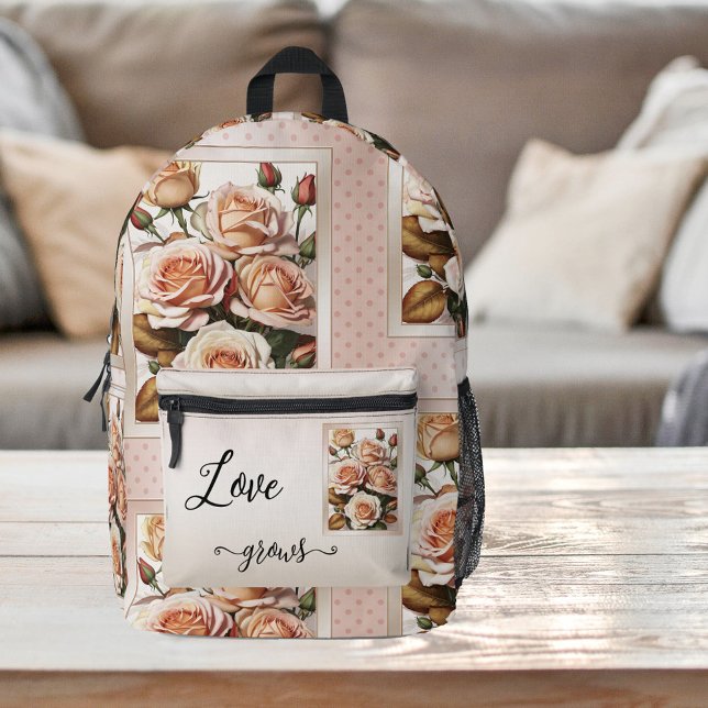 Sac À Dos Imprimé Pois rétro amour rose Rose peint (Backpack featuring a retro pattern design with pretty painted roses on blush pink polka dots)