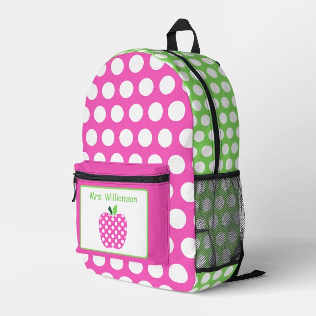 Sac À Dos Imprimé Pomme de professeur à pois rose et vert (Coin arrière droit)