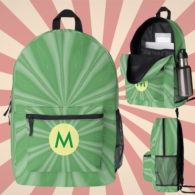 Sac À Dos Imprimé Pomme Vert Sunburst Monogrammé Cercle Jaune (Créateur téléchargé)