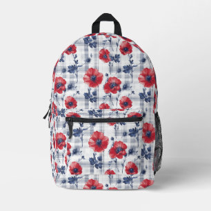 Sac À Dos Imprimé Poppies rouges avec Feuilles bleus sur À damiers b