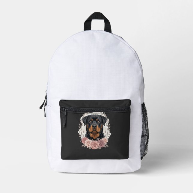 Sac À Dos Imprimé Portrait de Rottweiler floral sublimation (Recto)