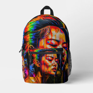 Sac À Dos Imprimé Portrait Neon Vibrant - Art Expressionniste Abstra