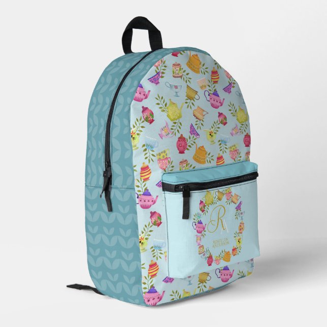 Sac À Dos Imprimé Pots de thé et tasses Monogramme bleu (Coin arrière gauche)