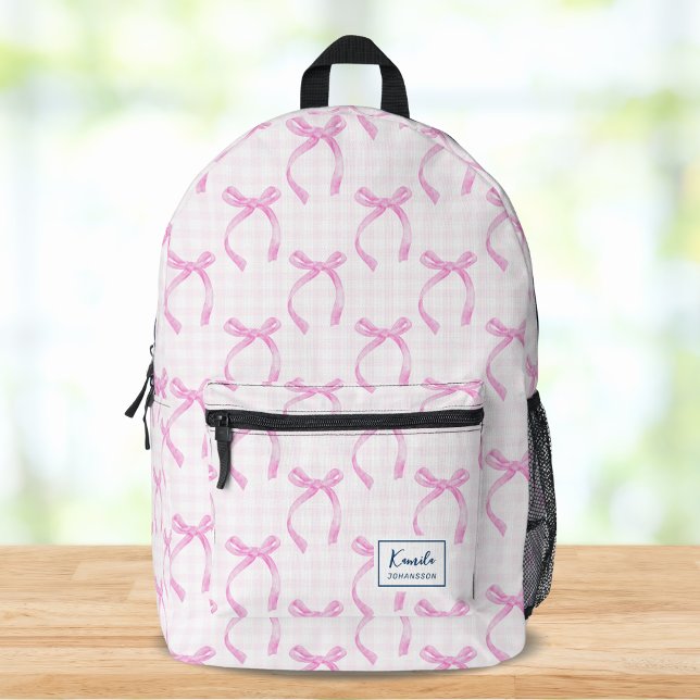 Sac À Dos Imprimé Preppy Coquette Pink Ribbon Bow Nom personnalisé (Créateur téléchargé)