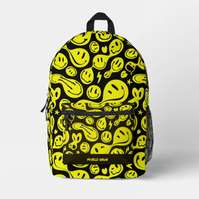Sac À Dos Imprimé Preppy Smile Retour à l'école Visage noir Jaune (Recto)