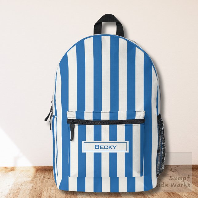 Sac À Dos Imprimé Rayures bleues et blanches nautiques et nom (Créateur téléchargé)