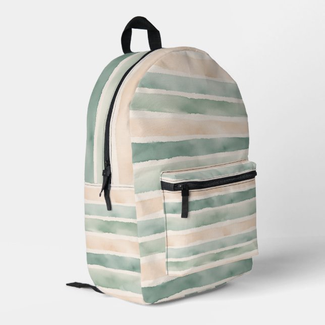 Sac À Dos Imprimé Rayures Douces Vert Sauge & Pêche Aquarelle (Coin arrière gauche)