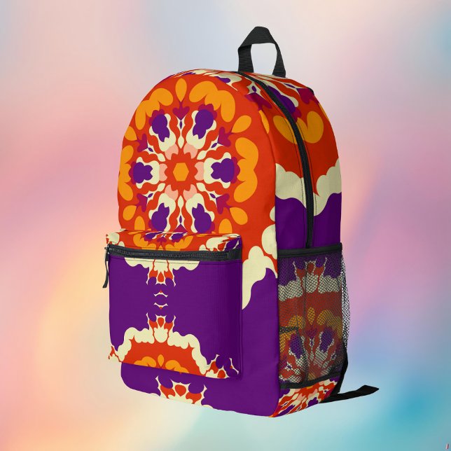 Sac À Dos Imprimé Rétro Mandala violet rouge et orange (Retro Mandala Backpacks from Wormhole Orbital)