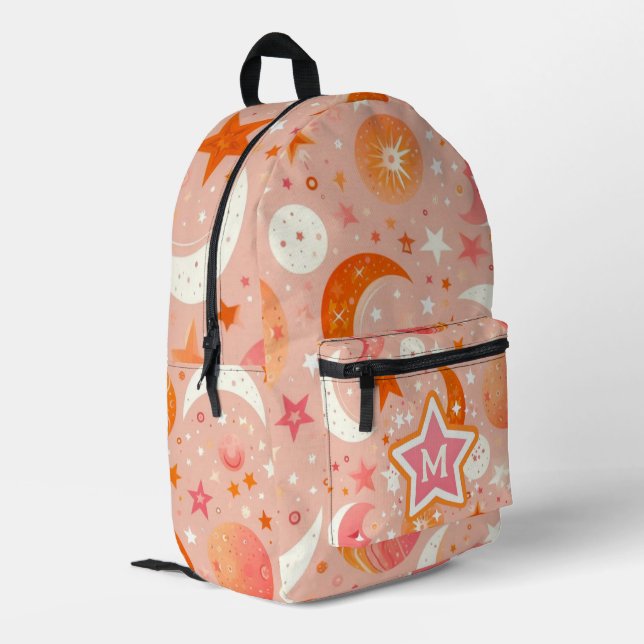 Sac À Dos Imprimé Rêves célestes Orange et Monogramme rose (Coin arrière gauche)