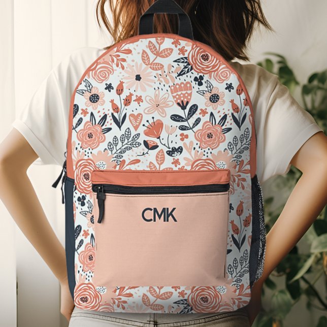 Sac À Dos Imprimé Rose et bleu marine Monogramme floral moderne (Créateur téléchargé)