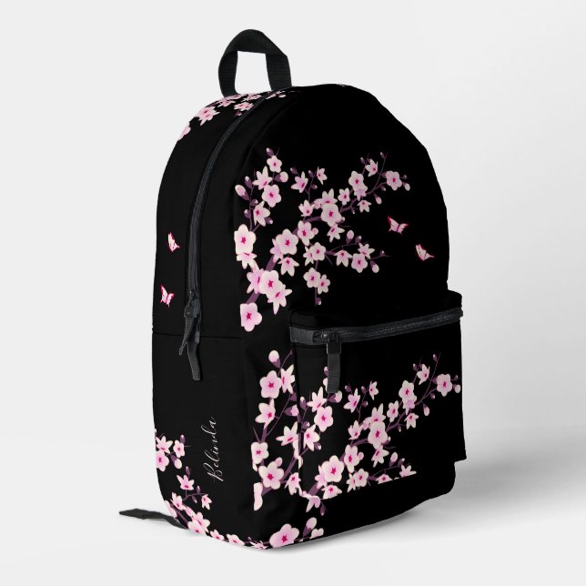 Sac À Dos Imprimé Rose Fleur de Cerisier Noir Monogramme (Coin arrière gauche)