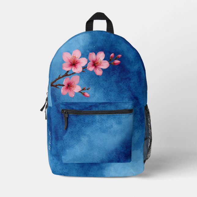 Sac À Dos Imprimé Rose Fleur de Cerisier Rose Bleu Monogramme (Recto)