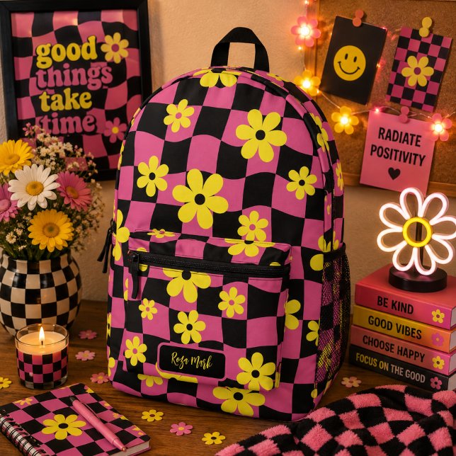 Sac À Dos Imprimé Rose Fleur Groovy Damier (Créateur téléchargé)