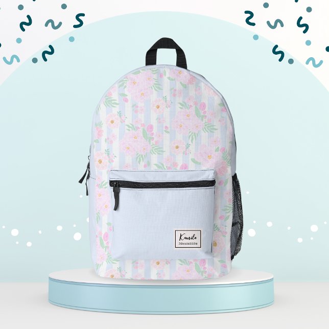 Sac À Dos Imprimé Rose Pâle Aquarelle Floral & Rayures Monogrammées (Créateur téléchargé)