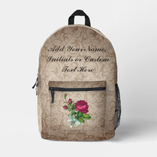 Sac À Dos Imprimé Rose vintage Damask Nom personnalisé Citation Flor