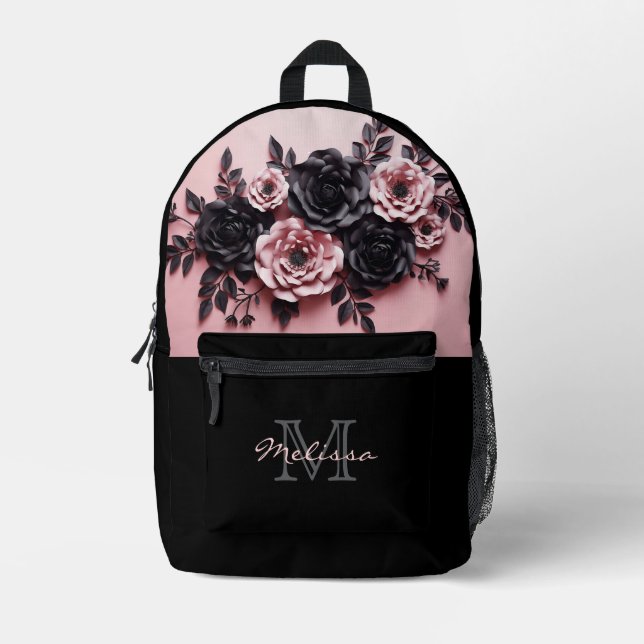 Sac À Dos Imprimé Roses 3D Rose Et Noir (Recto)