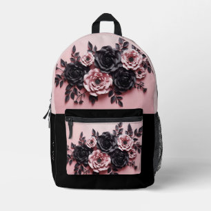 Sac À Dos Imprimé Roses 3D Rose Et Noir