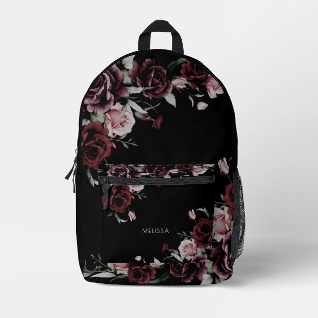 Sac À Dos Imprimé Roses Aquarelle Fond Noir (Recto)