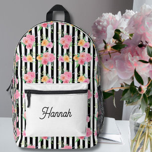 Sac À Dos Imprimé Roses Aquarelles sur Rayures Noires et Blanches