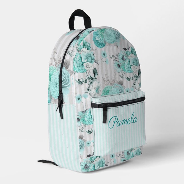 Sac À Dos Imprimé Roses Bleus Turquoise, Rayures Grises et Monogramm (Coin arrière gauche)