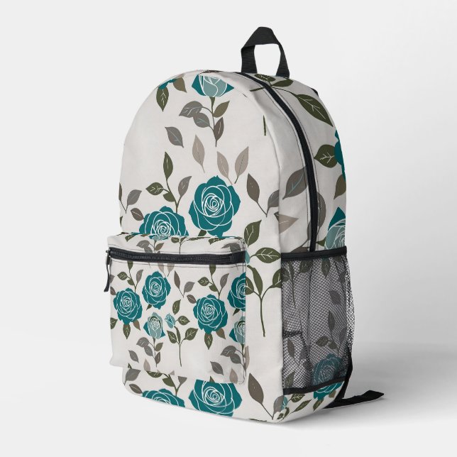 Sac À Dos Imprimé Roses Dessinées Dans Des Bleus Et Des Verts Atténu (Coin arrière droit)