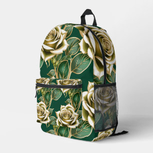 Sac À Dos Imprimé Roses Dorées Avec Des Feuilles Vert Emeraude 