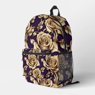 Sac À Dos Imprimé Roses en or métallisé sur un fond violet foncé mat