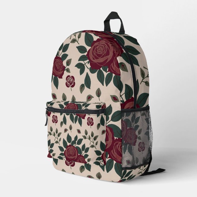 Sac À Dos Imprimé Roses Rouge Foncé Avec Feuilles Vertes (Coin arrière droit)