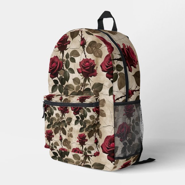 Sac À Dos Imprimé Roses Rouge Profond Avec Feuilles Vert Foncé (Coin arrière droit)