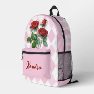 Sac À Dos Imprimé Roses rouges et Motif diamant rose et blanc