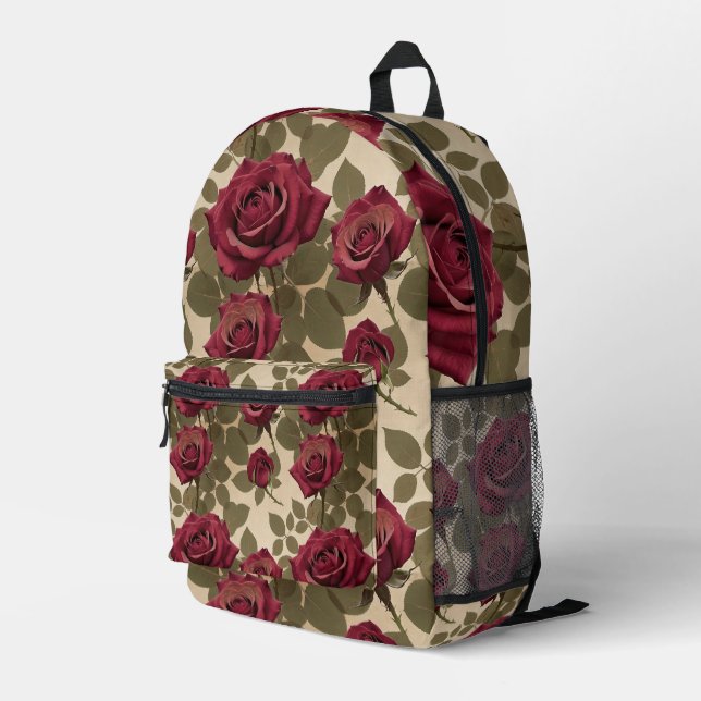 Sac À Dos Imprimé Roses rouges foncés avec des feuilles vertes fanée (Coin arrière droit)
