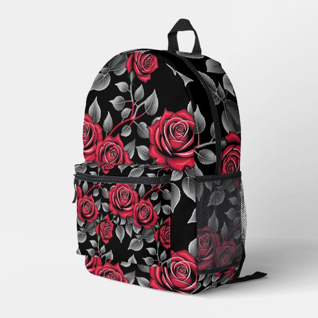Sac À Dos Imprimé Roses Rouges Sur Fond Noir (Coin arrière droit)