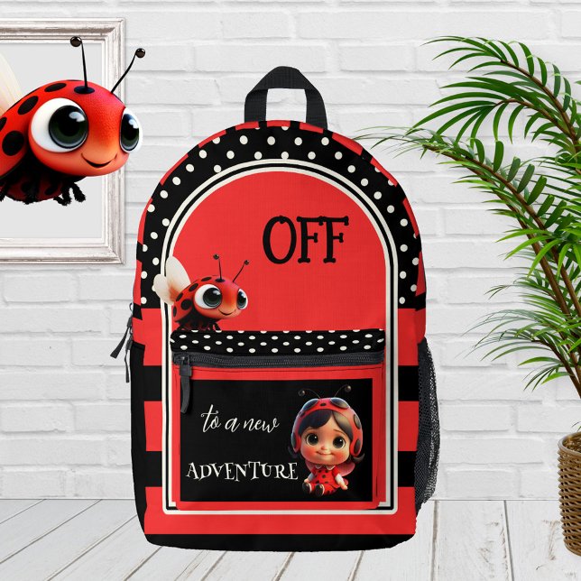 Sac À Dos Imprimé Rouge noir Ladybug mignon enfants (Kids backpack featuring a cute design with ladybugs, polka dots and stripes in bold red and black)