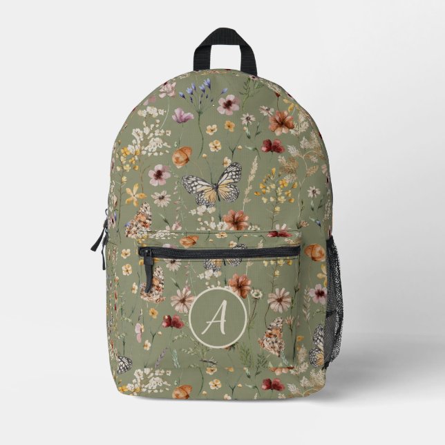 Sac À Dos Imprimé Sage Monogram Boho Butterflies Fleurs sauvages (Recto)