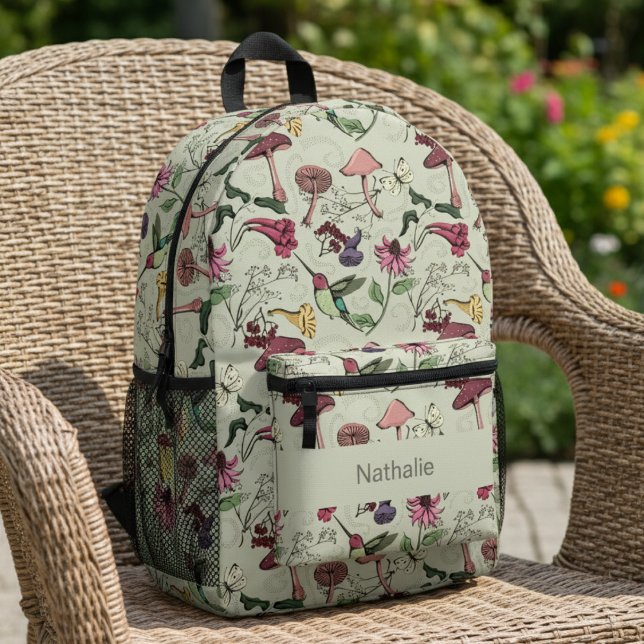 Sac À Dos Imprimé Sage Vert Floral Colibri Nature (Sage Green Floral Hummingbird Pattern with Name. Cute Birds and Colorful Flowers Nature Bag for Her)