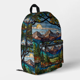 Sac À Dos Imprimé Scène de montagne boisée vitrail vintage
