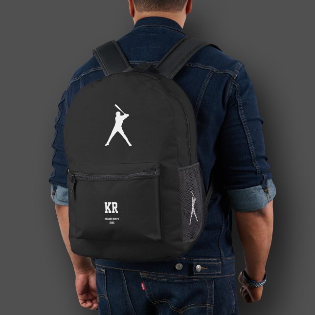 Sac À Dos Imprimé Silhouette de baseball sportif Monogramme noir bla (Sporty Baseball Silhouette Monogram Black White Printed Backpack
)